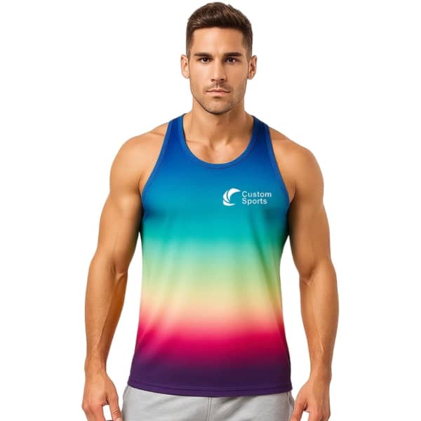 A gradient singlet featuring blue, green, yellow, and pink hues, with a logo on the front.