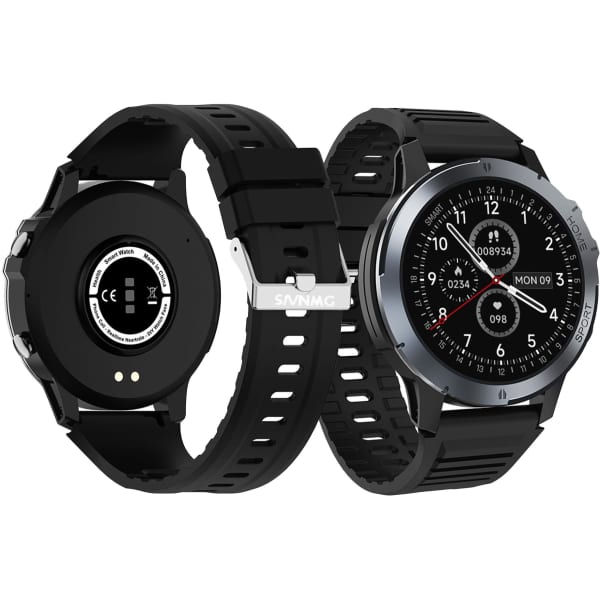 A round smart watch with a black silicone strap and a silver bezel, featuring a digital display and a back view.