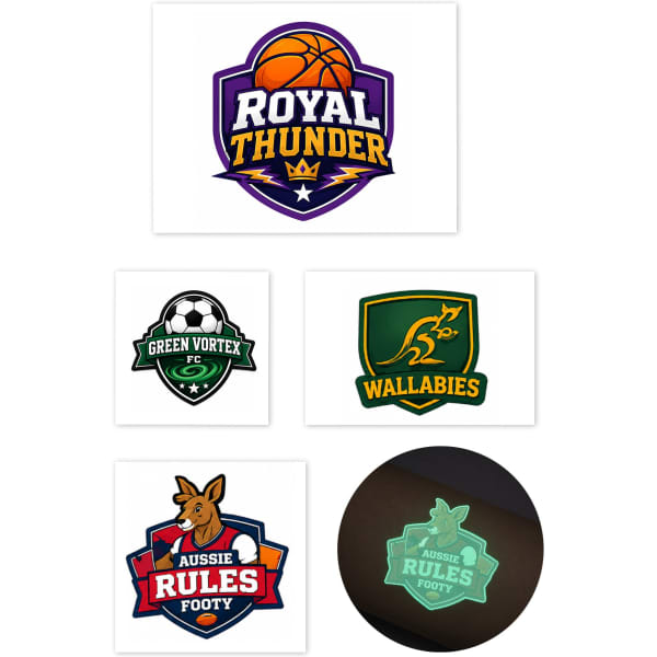 A collection of stickers featuring sports team logos in various colours, including a basketball, soccer, and rugby themes.