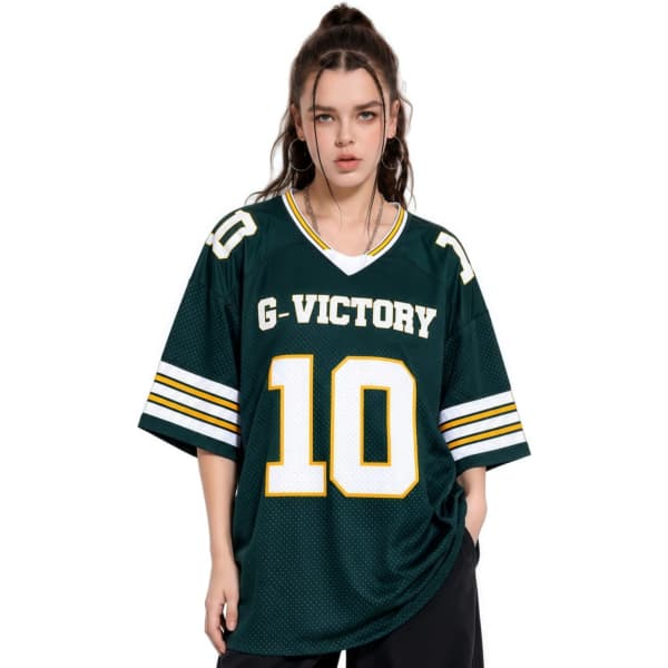 A green unisex hockey jersey with a retro V-neck, featuring bold white numbers and stripes. Includes a logo.