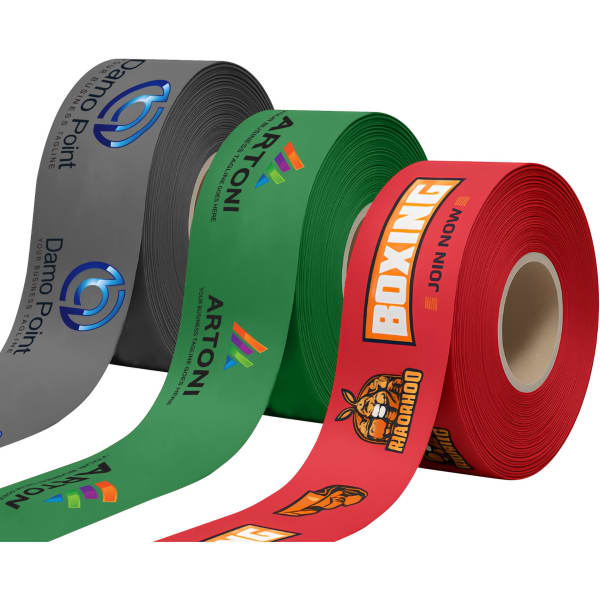 Three rolls of ribbon in grey, green, and red, featuring various logos and designs. 