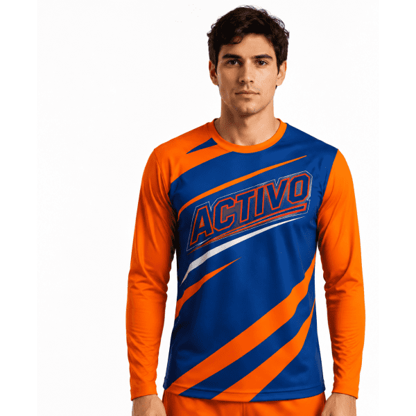 A long-sleeve sports shirt in blue and orange, featuring a logo on the front.