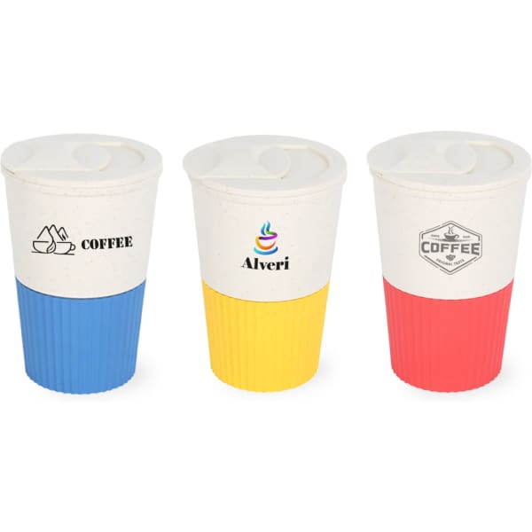 A drink bottle with a lid, featuring three designs in blue, yellow, and red, made from wheat straw material.