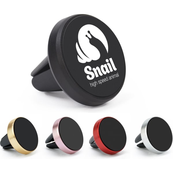 A clip-on car phone holder in black, with four additional holders in gold, pink, red, and silver. Each has a logo.