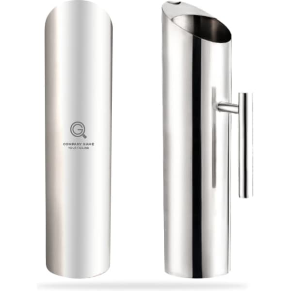 A stainless steel pitcher with a sleek design and a logo on the side. Suitable for serving beverages.