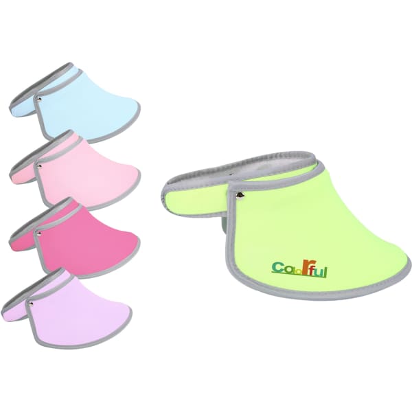 A collection of five visors in various colours: pink, light pink, blue, light blue, and bright green with a logo.