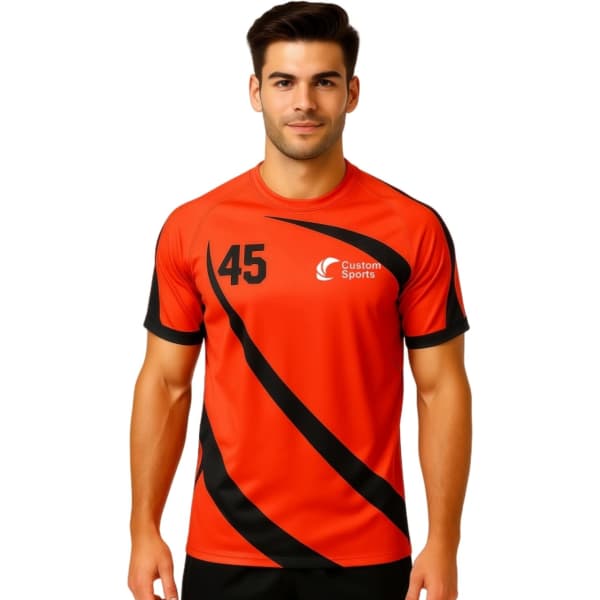 An orange and black crew neck sport tee with a logo and number on the front, featuring a raglan style design.