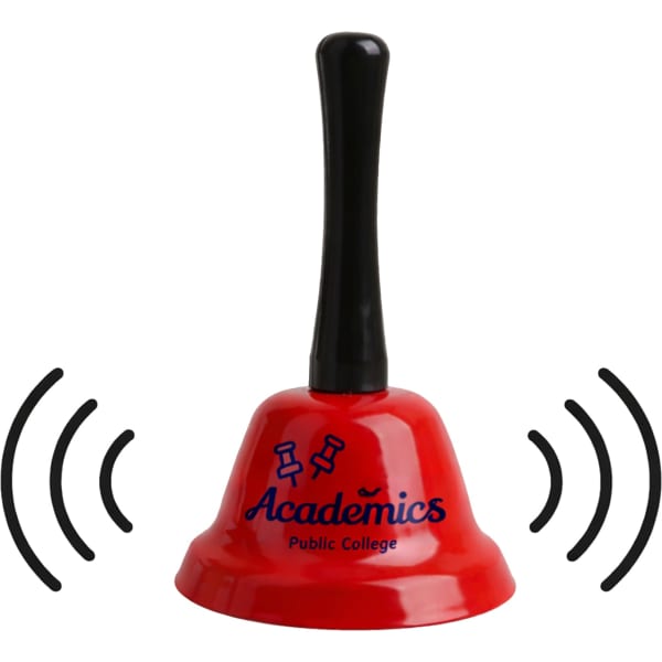 A red hand bell with a black handle and a logo. Sound waves indicated around the bell.