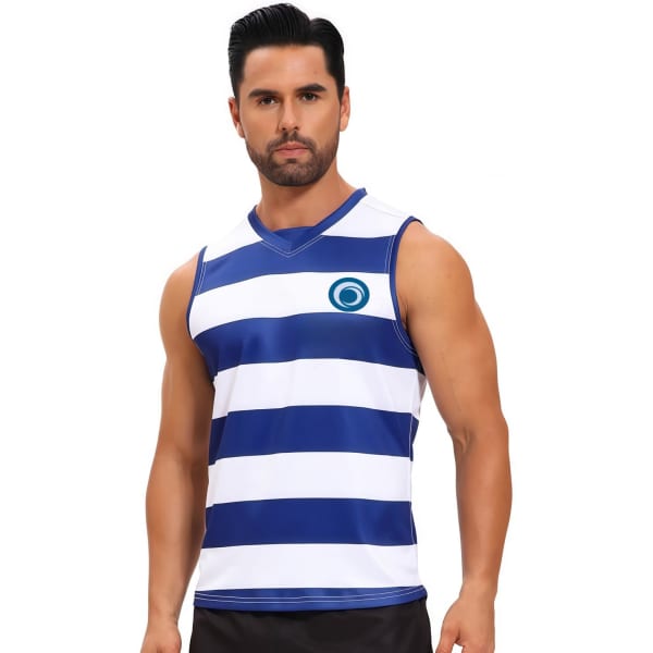 A V-neck singlet featuring blue and white stripes, made from 100% polyester micro mesh, with a logo on the chest.