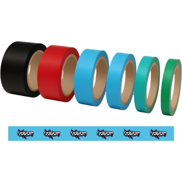 Rolls of BOPP packaging tape in black, red, blue, and green, with a blue printed tape featuring a logo.