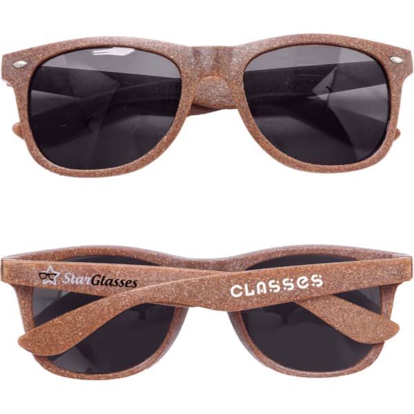Brown sunglasses made from coffee fibre, featuring dark lenses and a logo on the temple.