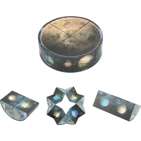 A 3D puzzle disc in space theme, featuring planets in earthy tones with diverse geometric shapes when assembled.