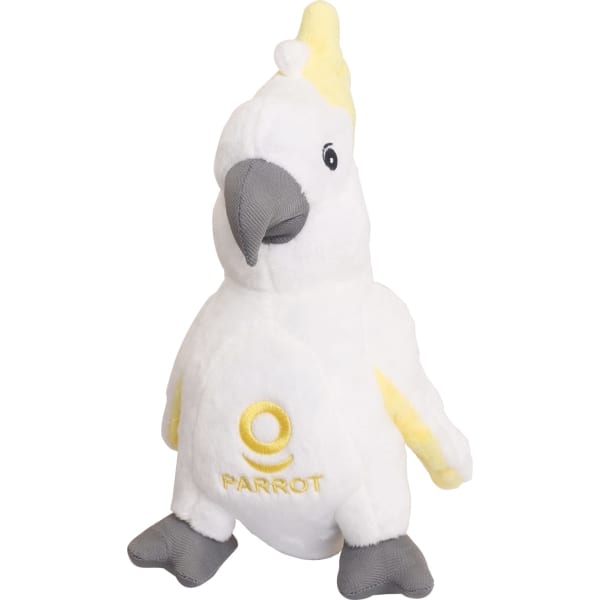 A custom cockatoo plush toy in white and yellow, featuring grey accents and a logo on the front.