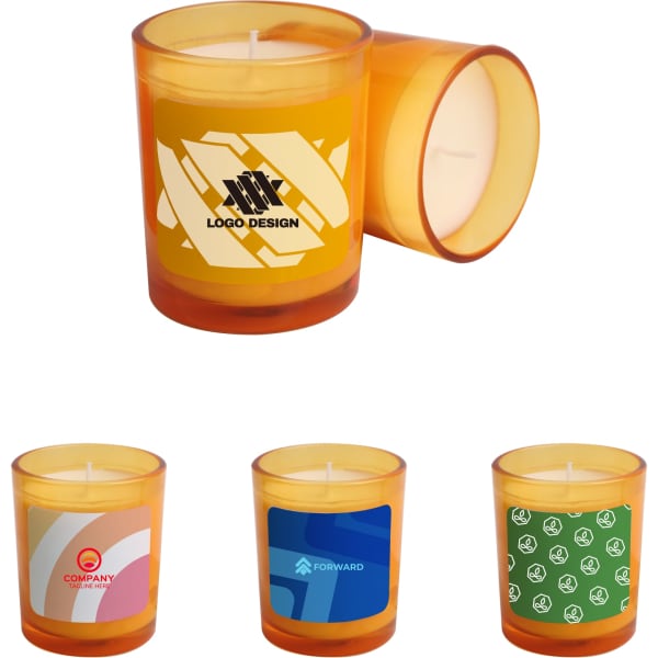 A 3.5oz glass candle in orange and yellow with various colourful designs. Features a logo on one candle.