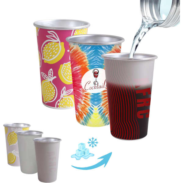 A collection of aluminium colour changing cups in vibrant patterns, with a pouring action demonstrated.
