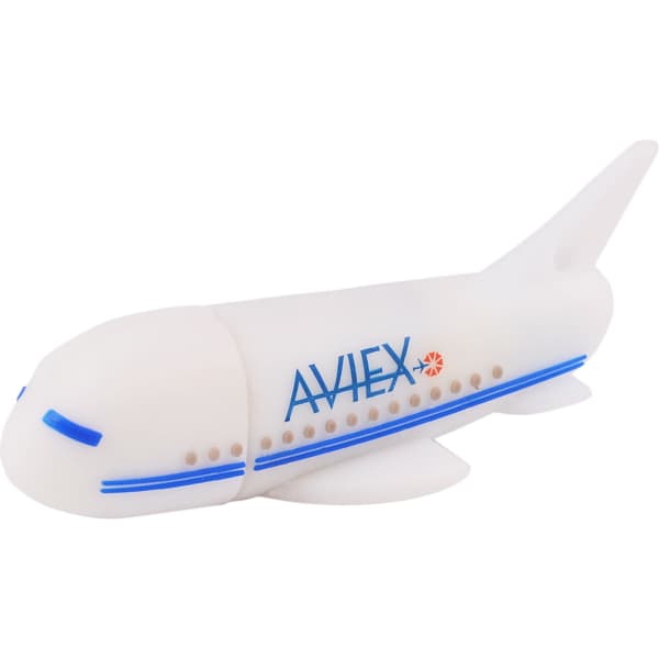 An aeroplane-shaped flash drive in white with blue accents and a branding logo.