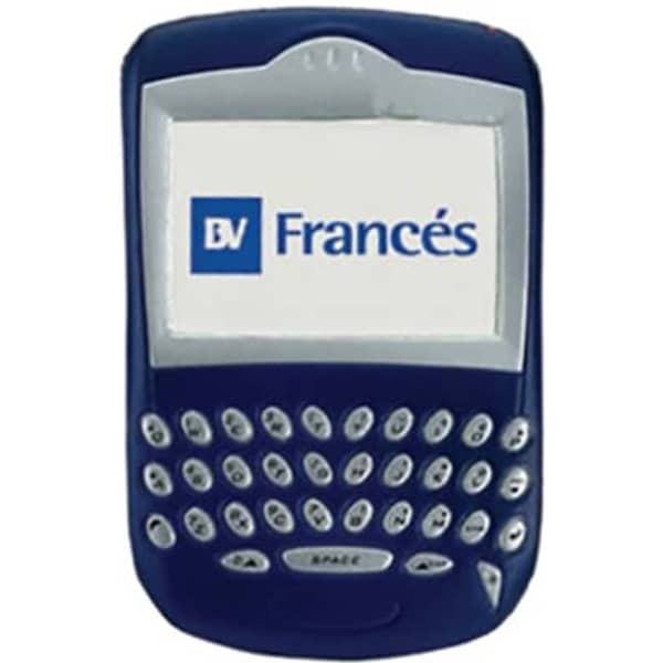A navy blue Blackberry mobile phone-shaped stress reliever with a white screen and buttons, featuring a logo.