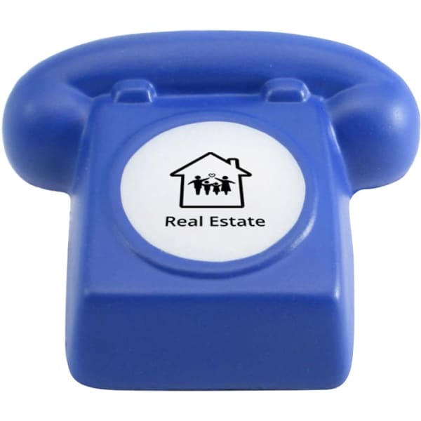 A blue phone-shaped stress reliever with a circular white center featuring a logo. Perfect for fun and games.