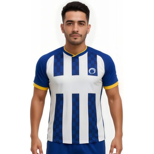 A breathable blue and white cross neck raglan T-shirt featuring a logo. Suitable for casual wear or sports.