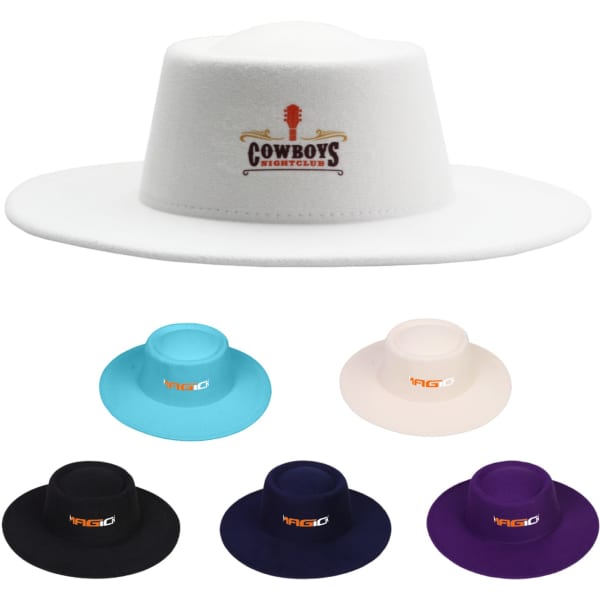 Flat top felt fedora hats in white, blue, cream, black, and purple, featuring various logos.