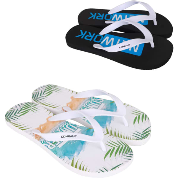 A pair of black thongs with white straps and a pair of flip-flops featuring a green leafy design and white straps.