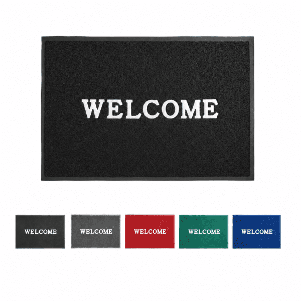 A black welcome mat featuring a white logo, displayed alongside mats in grey, red, blue, and green.