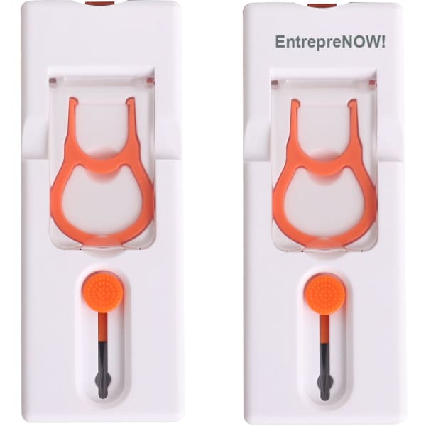 A white cleaning device with orange accents, featuring two compartments and a logo on the top.