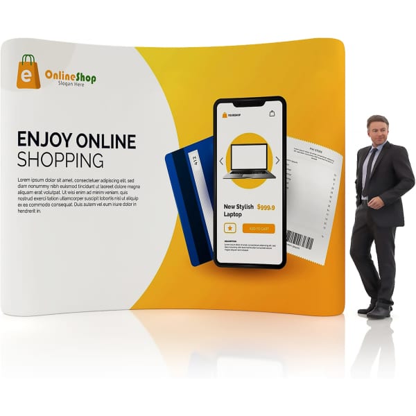 Curved tension fabric display wall in orange and yellow featuring a digital shopping theme and a person standing beside it.