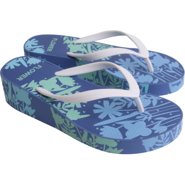 A pair of blue and green rubber platform thongs featuring a nature-inspired design and white straps.