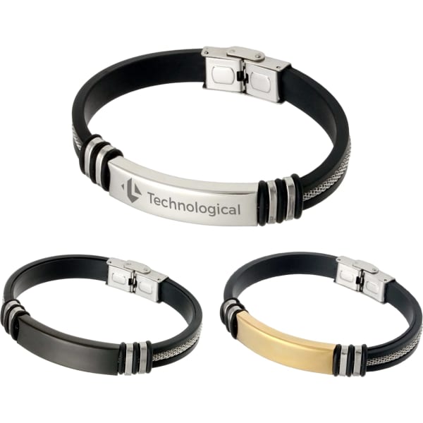 A set of three Buckle Latch Silica Silver Bracelets in silver, black, and gold, each with a logo.