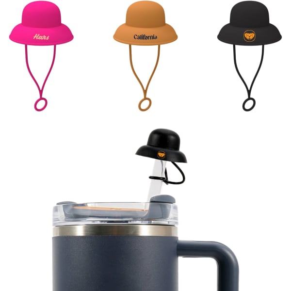 A drink bottle with a silicone straw cover shaped like a bucket hat in pink, brown, and black. Features a logo.