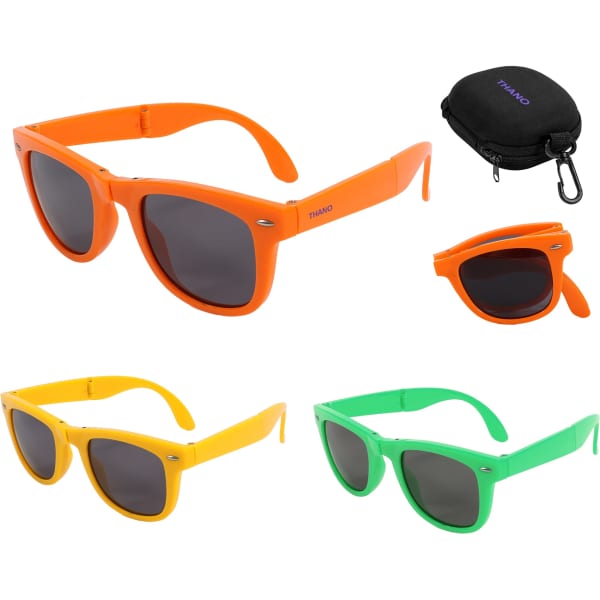 Three pairs of folding sunglasses in orange, yellow, and green, with a compact carrying case.