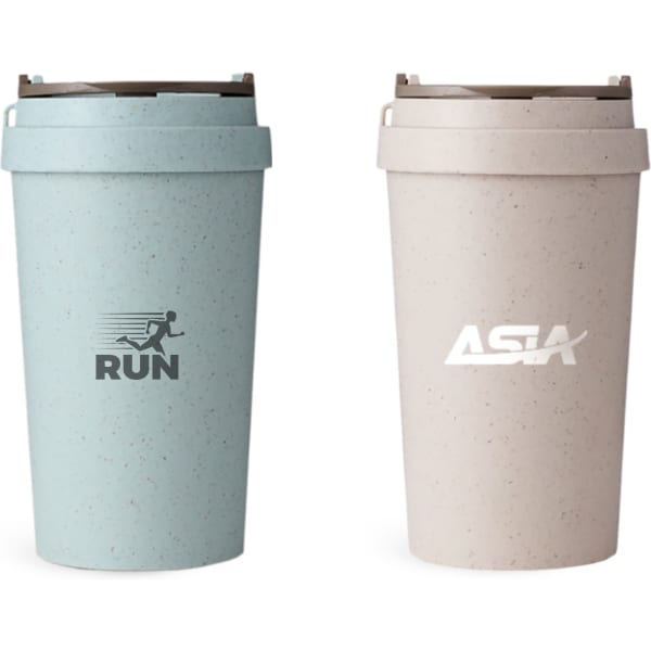 A drink bottle duo featuring a blue and a cream double wall wheat straw water cup, each with a logo.