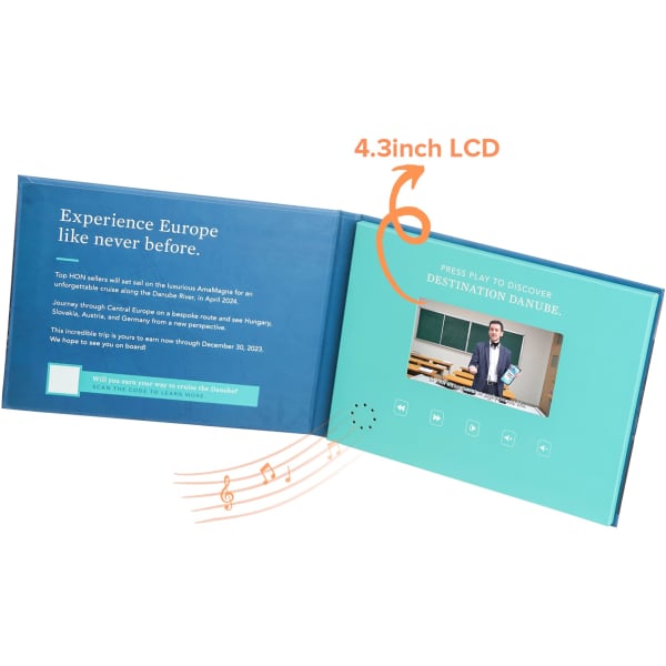 A 4.3-inch LCD video brochure features a blue and teal design, including a play button and sound symbol.