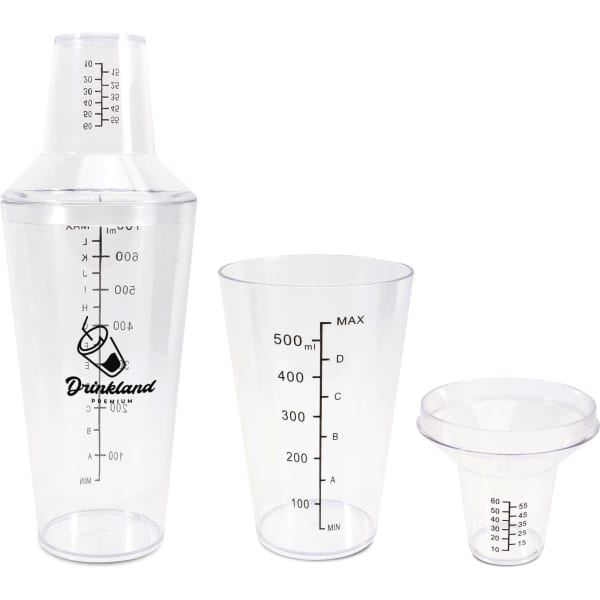 A drink bottle set featuring a clear shaker, measuring cup, and funnel, with a logo displayed on the shaker.
