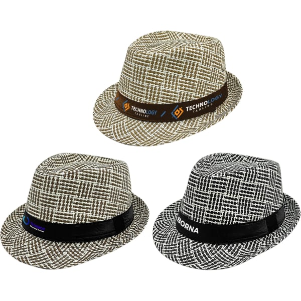 Three breathable woven straw hats in brown and white patterns, featuring different bands and logos.