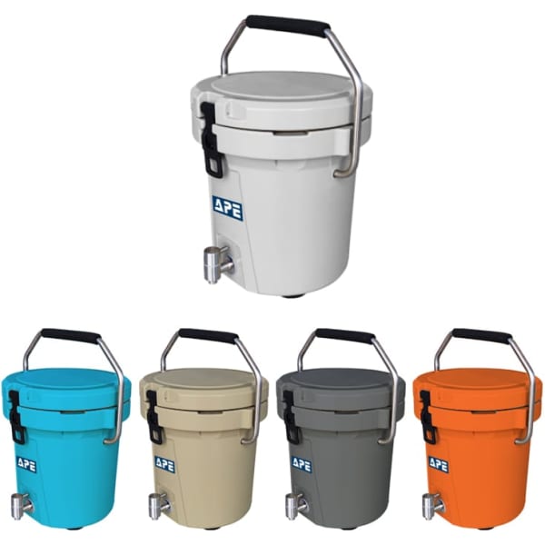 A 7L ice bucket with a faucet, available in light blue, beige, grey, orange, and white, featuring a handle and a logo.