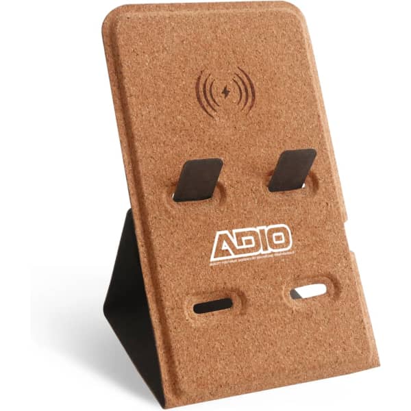 A cork-finished wireless charger with a stand, featuring two slots and a logo at the base.