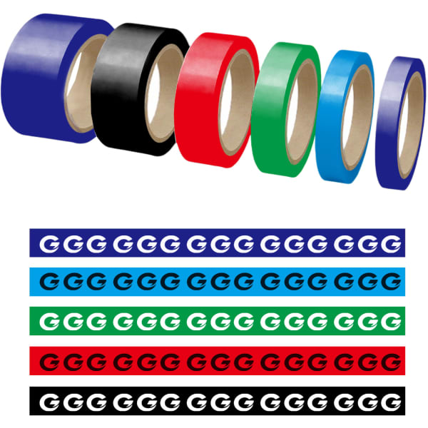 A selection of rolls of BOPP packaging tape in black, red, green, and blue, alongside patterned tape in various colours.