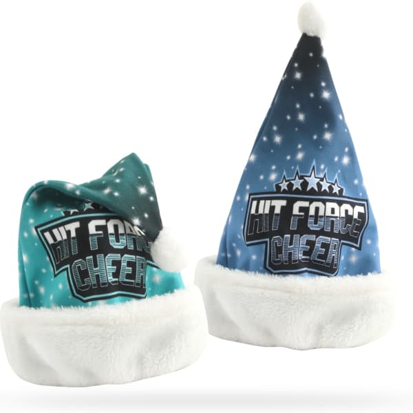 A pair of premium Santa hats in turquoise and blue with a white fur trim and a logo on each.