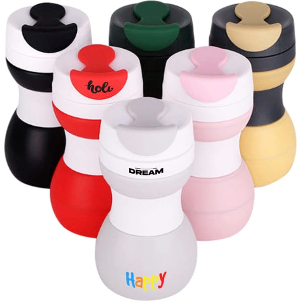 A drink bottle set featuring 500ml collapsible silicone coffee cups in various colours: black, green, red, pink, yellow, and white.
