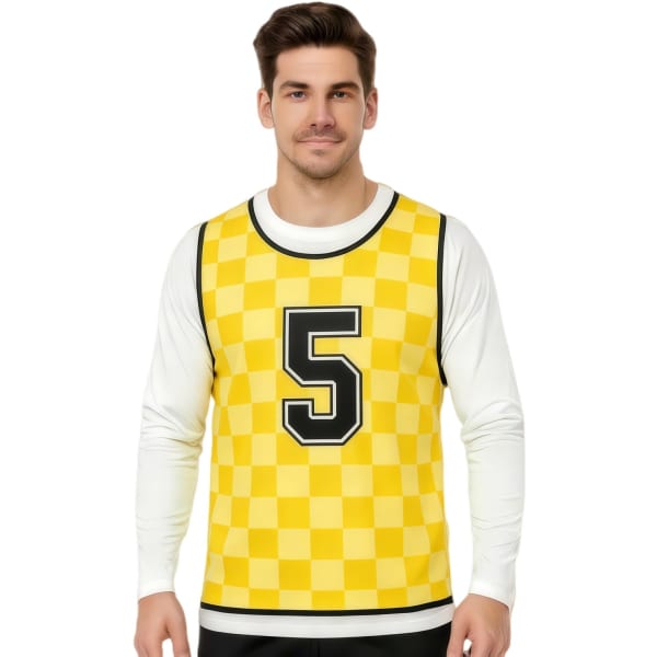 A man wearing a yellow checkered training bib with a black number 5 on the front and a white long-sleeve shirt underneath.