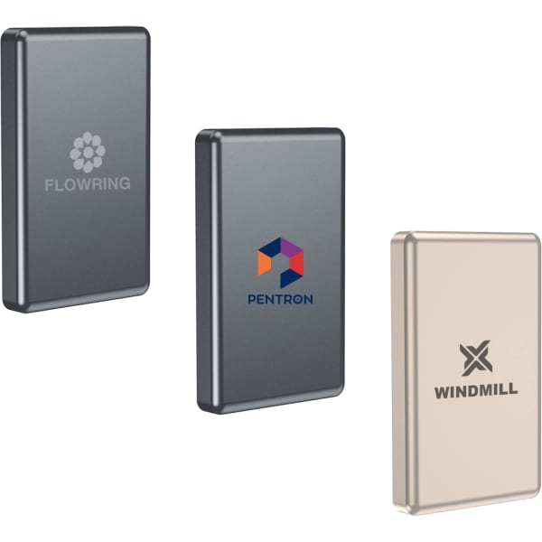 Three aluminium magnetic power banks in black and silver, featuring various logos on the surface.