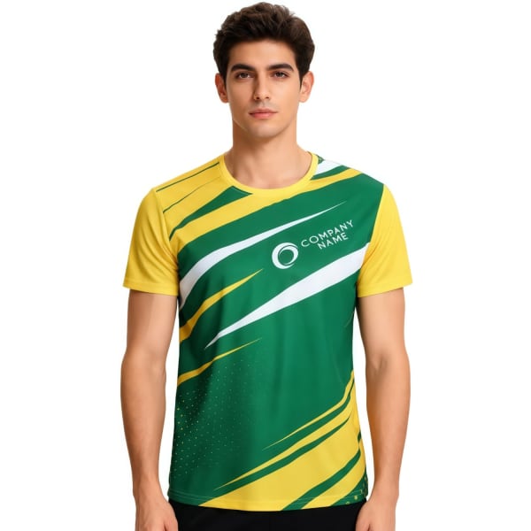 A sports tee shirt in green and yellow with abstract designs and a logo. Ideal for athletic wear.