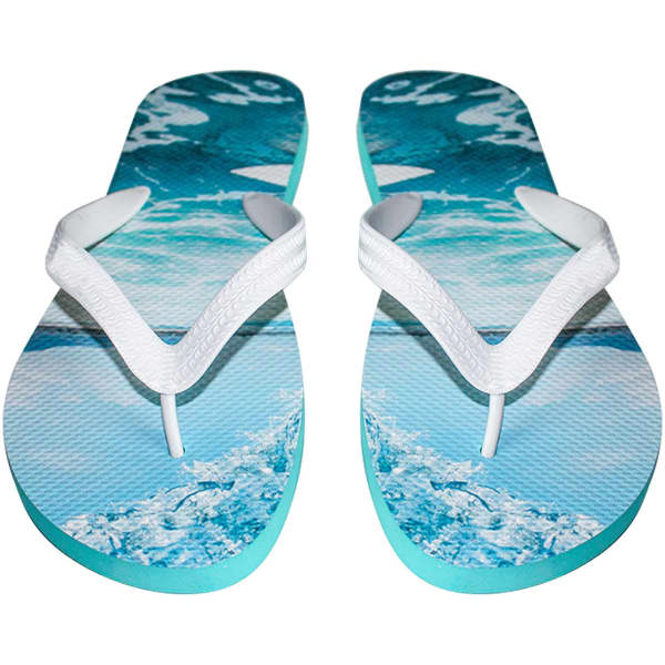 A pair of rubber thongs featuring a blue water design and white straps, with a logo on the sole.