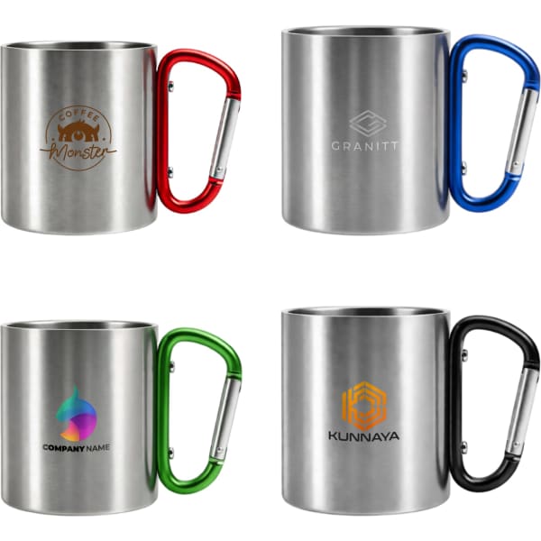 A drink bottle featuring four stainless steel insulated mugs, each with a different coloured carabiner handle: red, blue, green, and black.