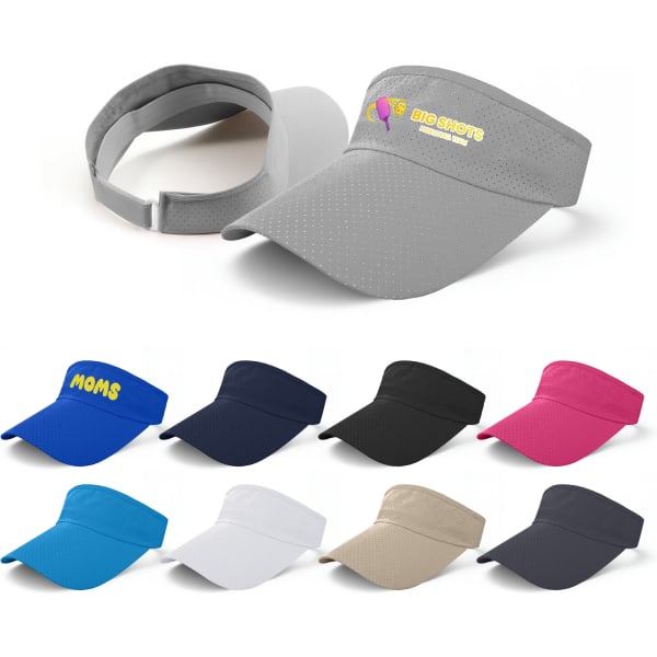A breathable sun visor in grey, with various other colours displayed, featuring a logo on the front.