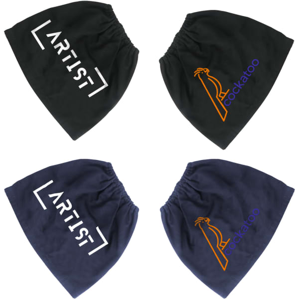 Boot covers in black and navy, featuring logos in white and orange, designed for footwear protection.