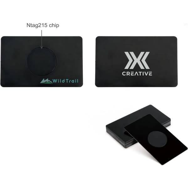A black metal business card featuring a round chip, with a logo on one side and a plain back.