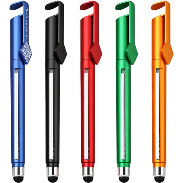 A set of five 4 in 1 QR Code Banner Pens in blue, black, red, green, and orange, each featuring a clip and logo.